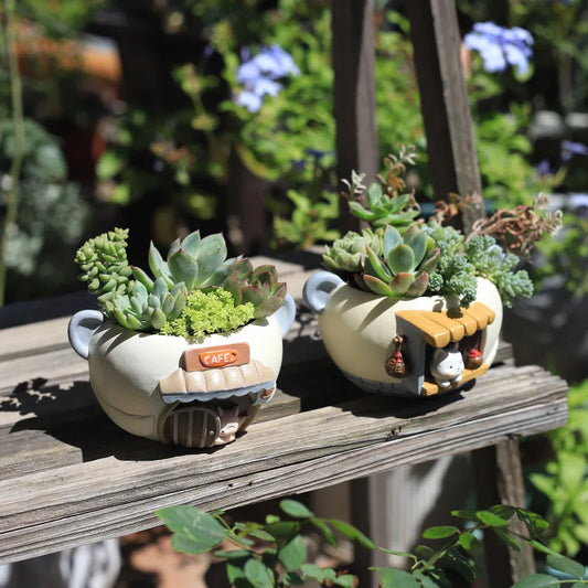Cute Kitty Fox Small Plant Pot Resin Succulent Planter for Home Office Desk Mini Ornament Fairy Garden Flowerpot Decoration