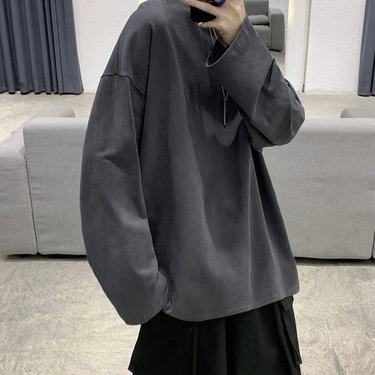 High Qualtity Oversized T-shirt for Men Long Sleeve Tee Cotton Solid Color Trend Leisure Black Grey White Korean Fashion T Shirt