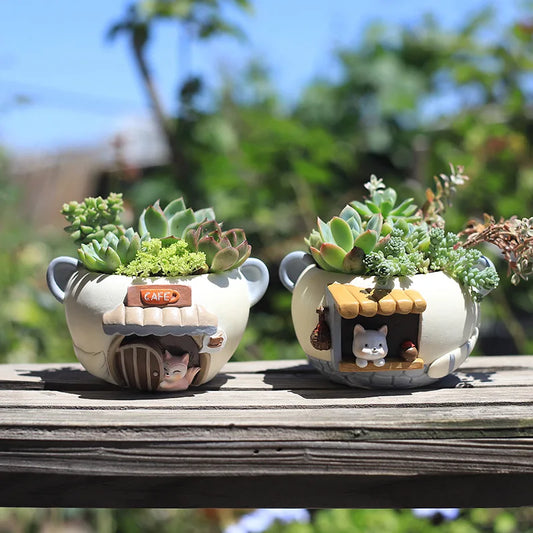 Cute Kitty Fox Small Plant Pot Resin Succulent Planter for Home Office Desk Mini Ornament Fairy Garden Flowerpot Decoration
