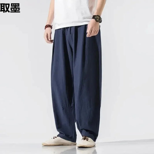 Loose-Fit Men's Cotton Linen Pants Japanese Vintage Casual Style Wide Leg Harem Pants Bloomers For Plus Size Men