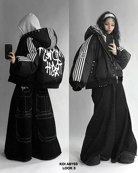 Harajuku Street hip hop striped loose zipper jacket warm cotton-padded jacket Goth fashion personality jacket for men and women