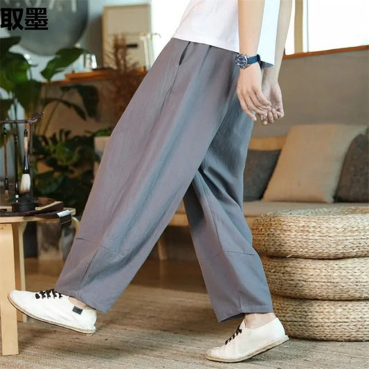 Loose-Fit Men's Cotton Linen Pants Japanese Vintage Casual Style Wide Leg Harem Pants Bloomers For Plus Size Men