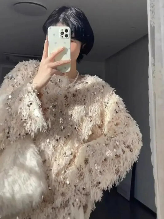 Long Sleeve Top Oversized Sweater Sueter Mujer Y2k Clothes  Pullover Heavy Industry Feather Sequin Sweaters Women New