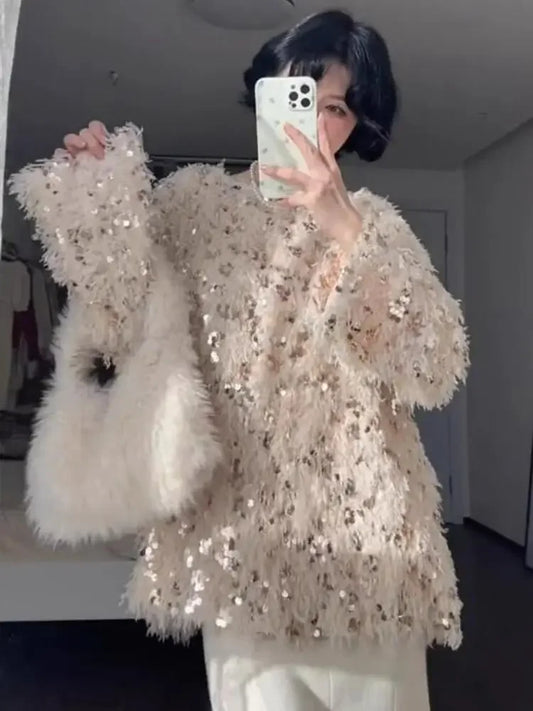 Long Sleeve Top Oversized Sweater Sueter Mujer Y2k Clothes  Pullover Heavy Industry Feather Sequin Sweaters Women New