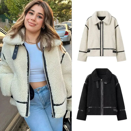 Flip Collar Color Lamb Wool Jacket Warm And Comfortable In Autumn And Winter Slim Fit Jacket Motorcycle Leather Jacket