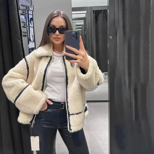 Flip Collar Color Lamb Wool Jacket Warm And Comfortable In Autumn And Winter Slim Fit Jacket Motorcycle Leather Jacket