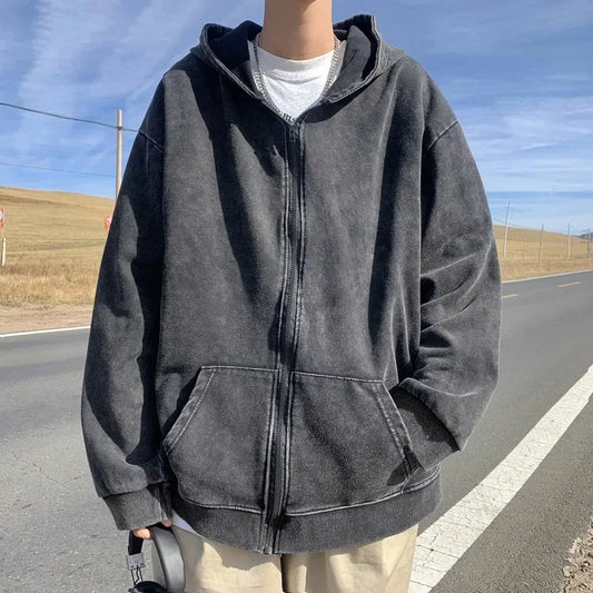 American Retro Washed Old Cardigan Hoodie for Men Autumn and Winter Niche High Street Trendy Brand Mens Hooded Jacket