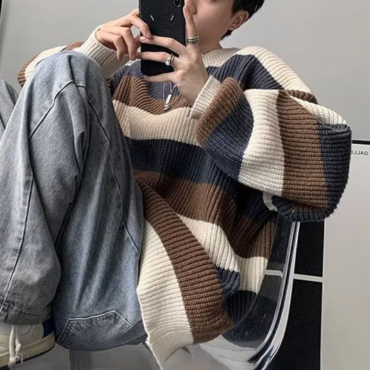 Black Fashion Retro Sweater Color Patchwork Sweater Spring And Autumn Wear Vacation And Daily Wear Applicable For Male Female